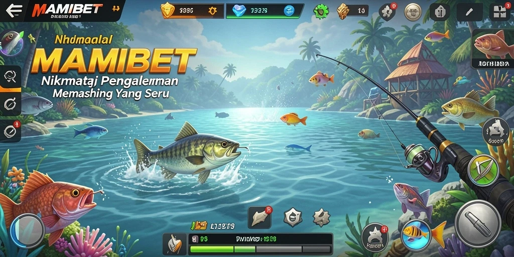 Screenshot MAMIBET menampilkan pemain menangkap ikan di lautan yang indah.