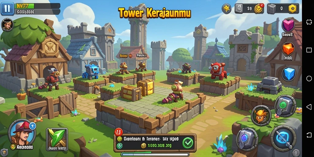Screenshot utama NV77 menampilkan aksi seru pertahanan menara.