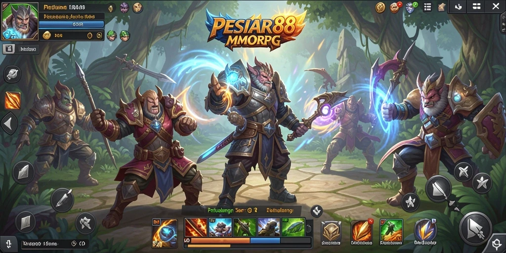 Screenshot utama PESIAR88 menampilkan aksi seru dalam pertempuran MMORPG.