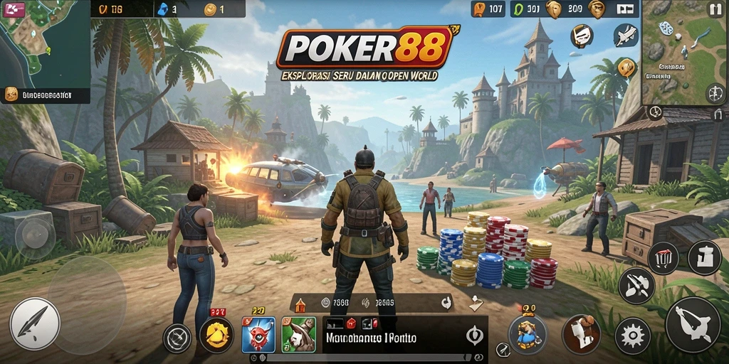 Tampilan gameplay seru di dunia POKER88 yang luas.