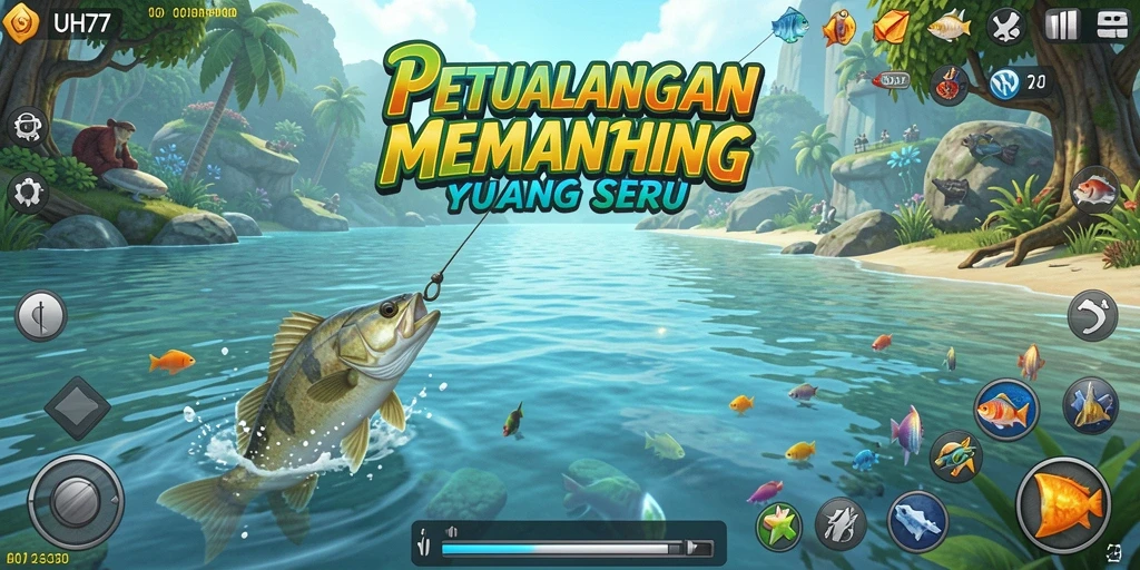Tampilan gameplay UH77 saat memancing di danau yang indah.